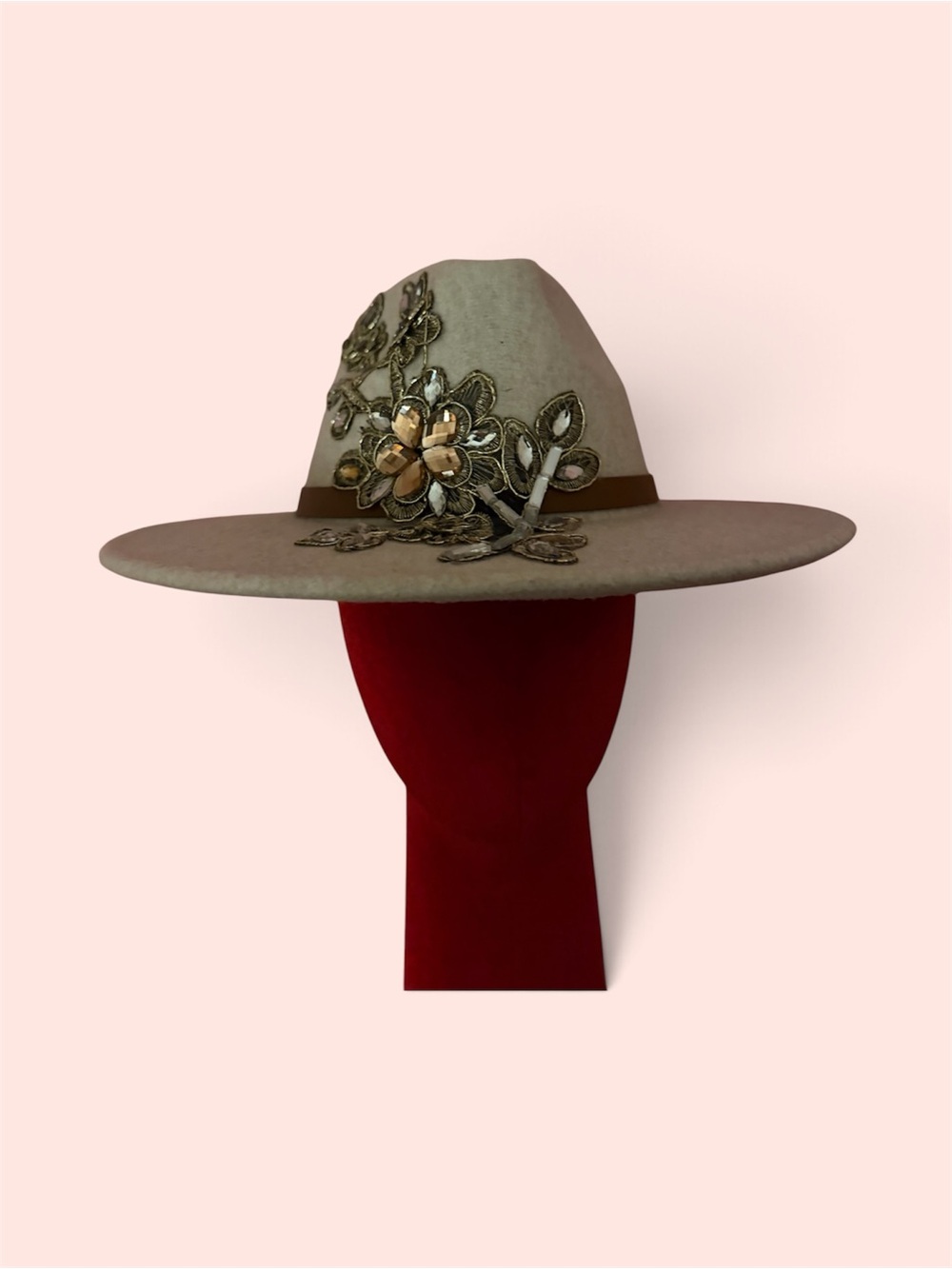 Wide-Brim Embellished Wool Felt Hat - Beige